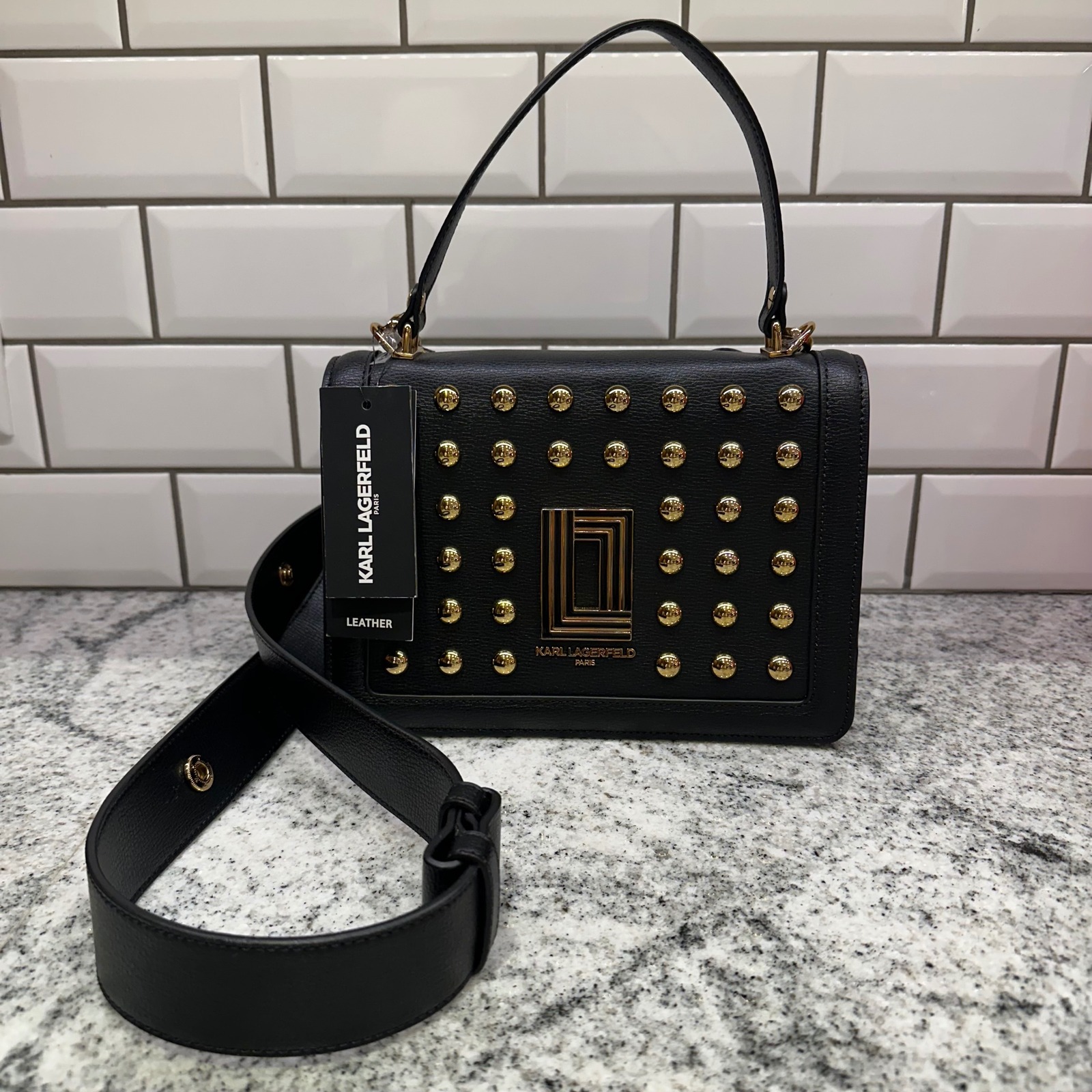 Karl Lagerfeld Paris Studded Leather Shoulder Bag Black Rock Edgy Street Glam